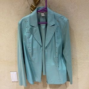 Mint aqua leather and cotton studded jacket